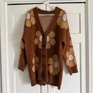 SHEIN Brown Floral Button-Up Cardigan with Cream Accents